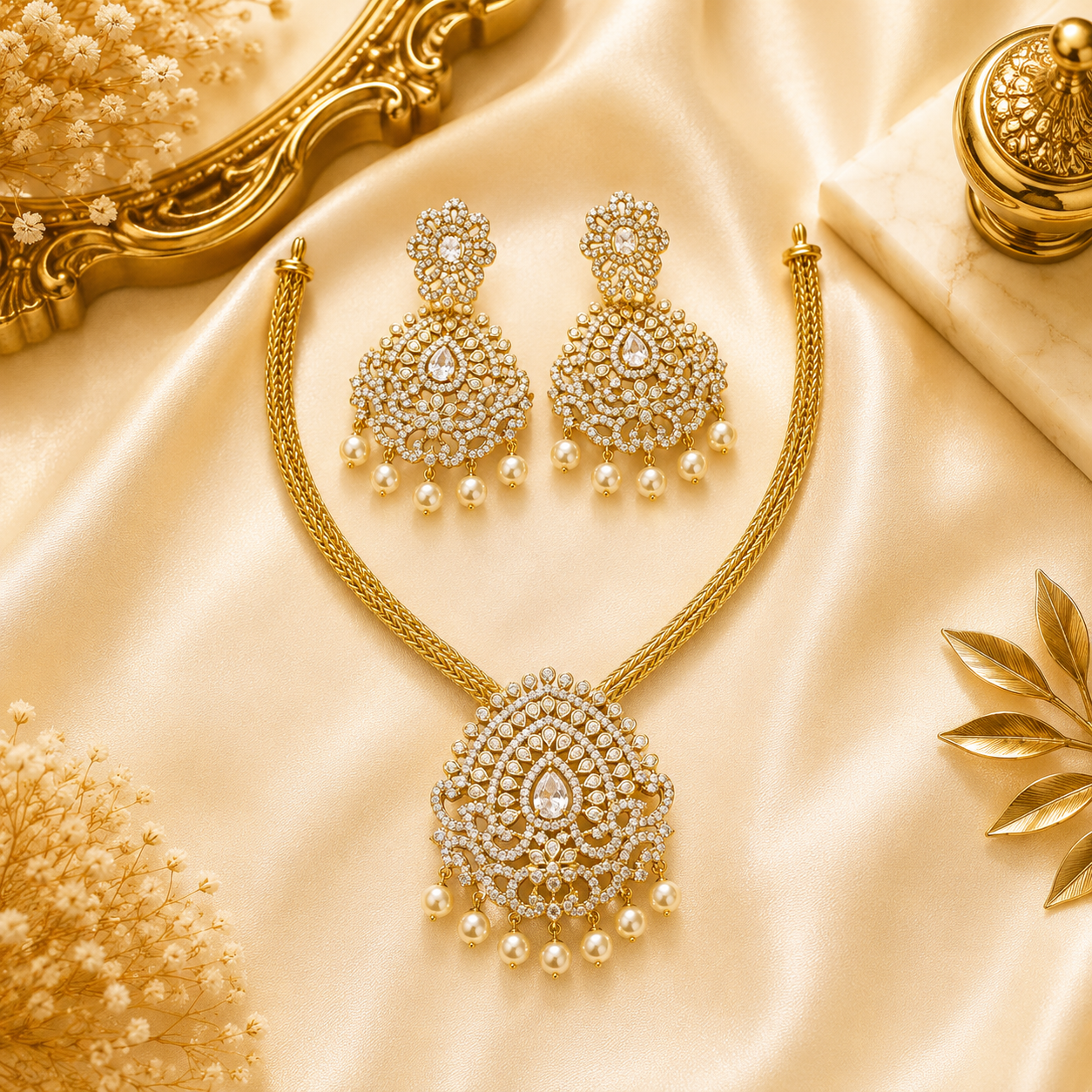 Luxurious gold jewelry on satin backdrop