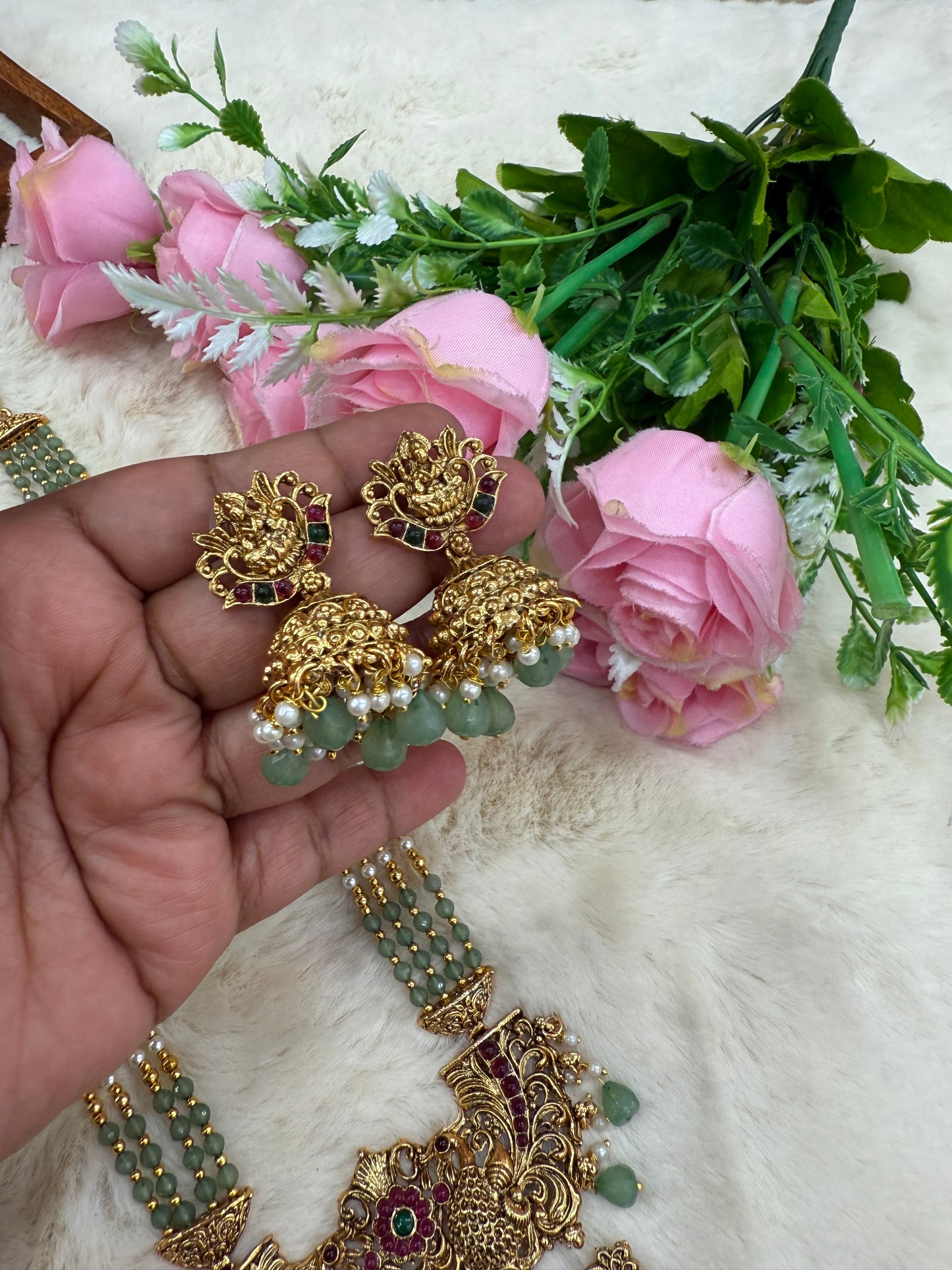 Gorgeous Lakshmi pastel green beads haram