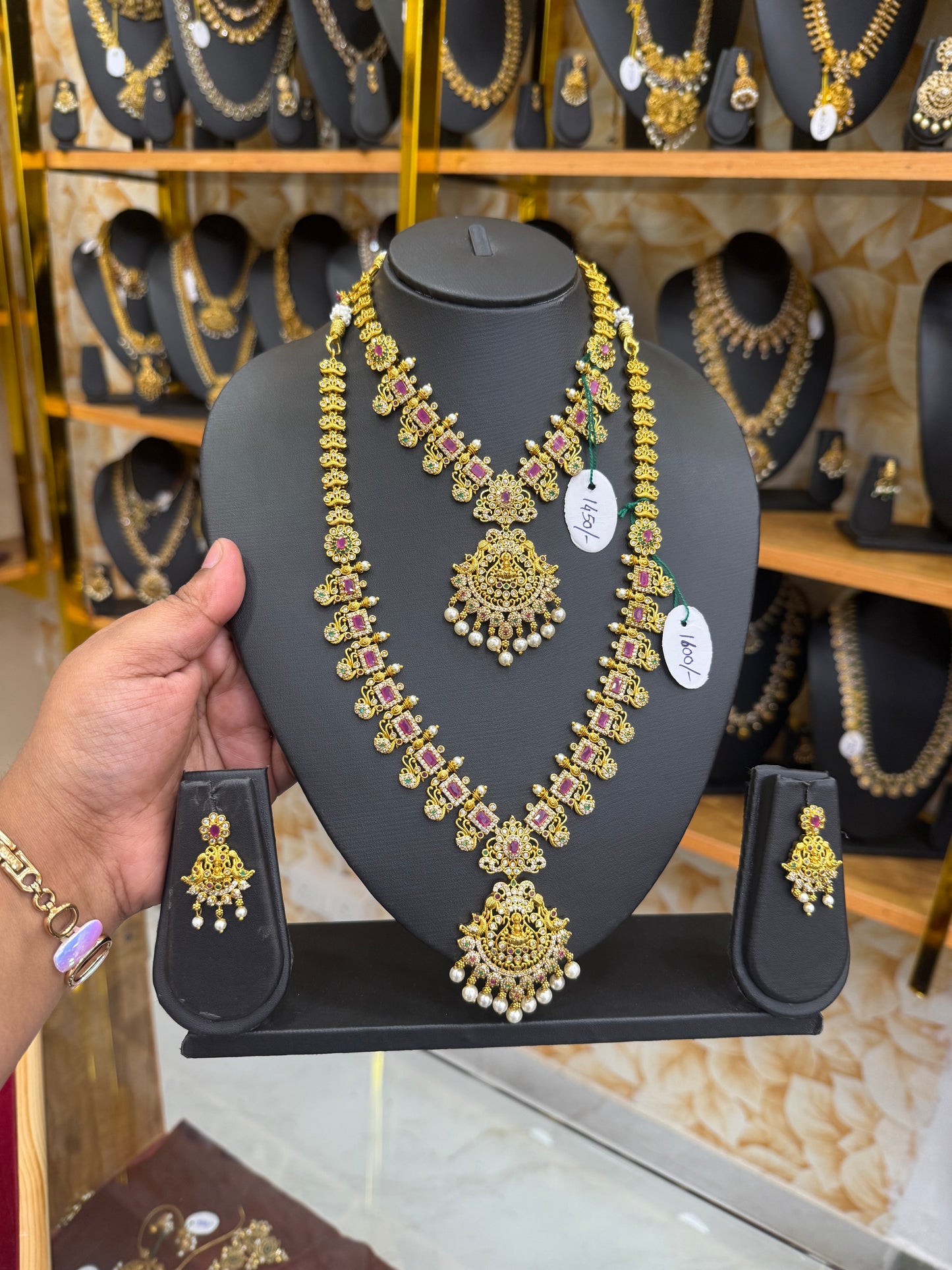 Pink stone with Lakshmi pendant combo set