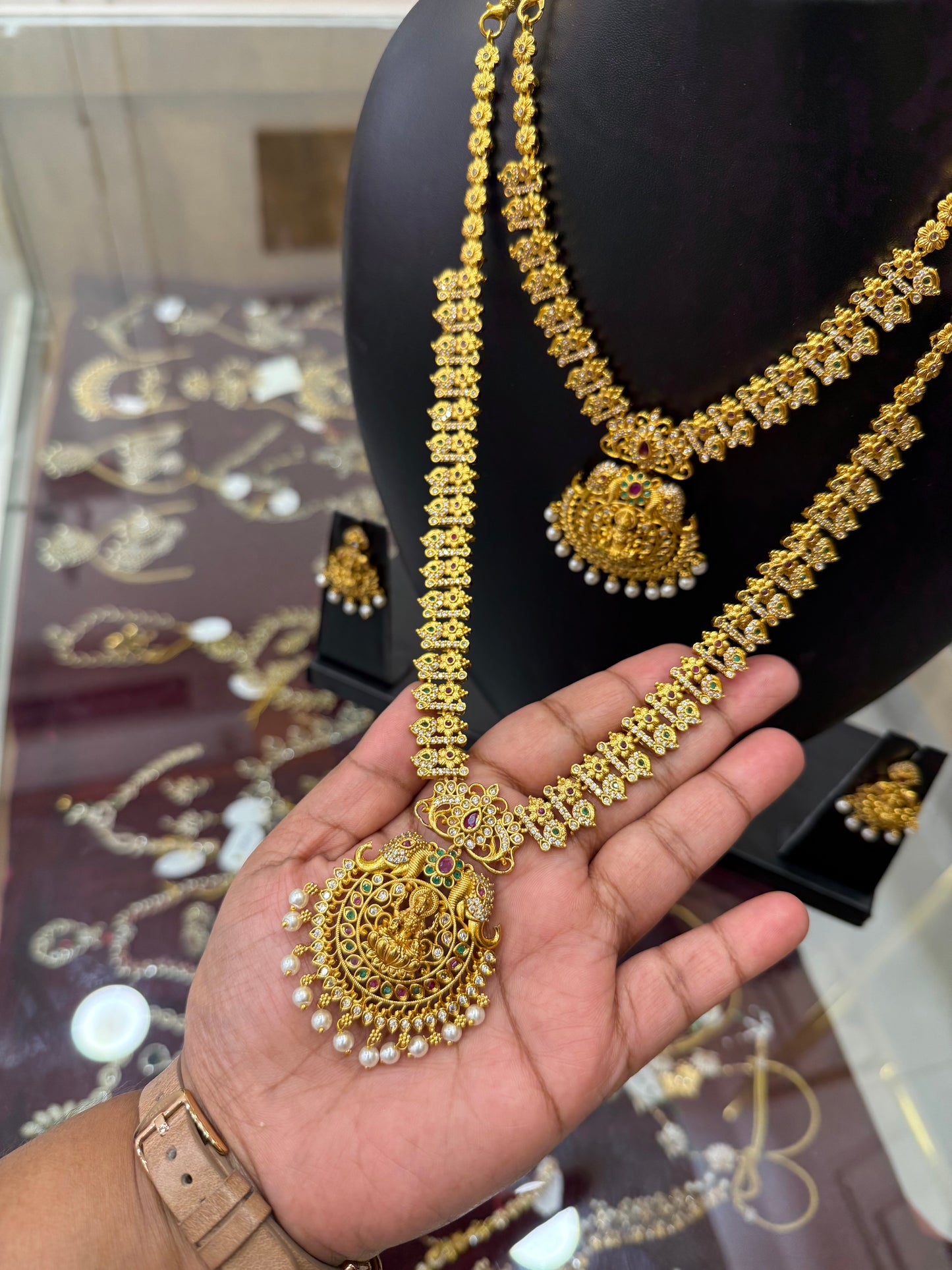 Gold look alike Gajalakshmi stone combo set