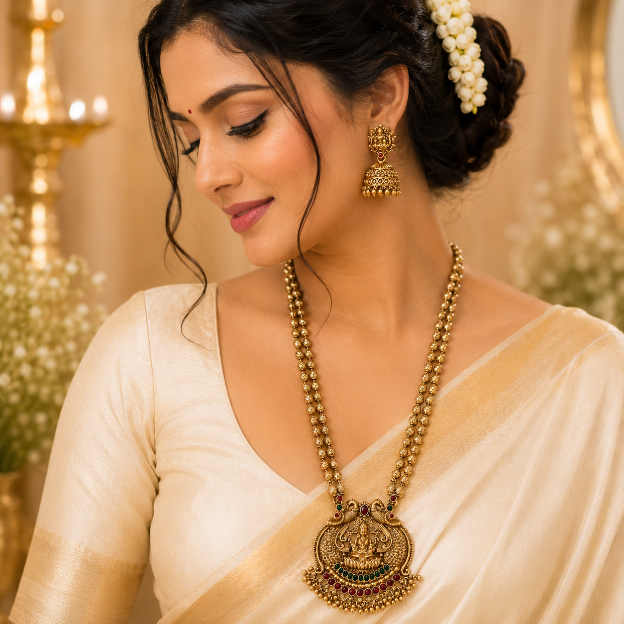 2 layer Golden Muthu mala with Lakshmi pendant