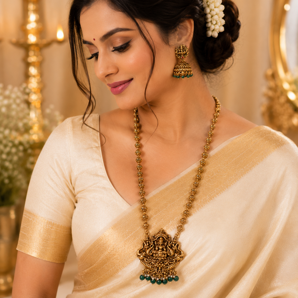3D Lakshmi golden Muthu Mala with green beads