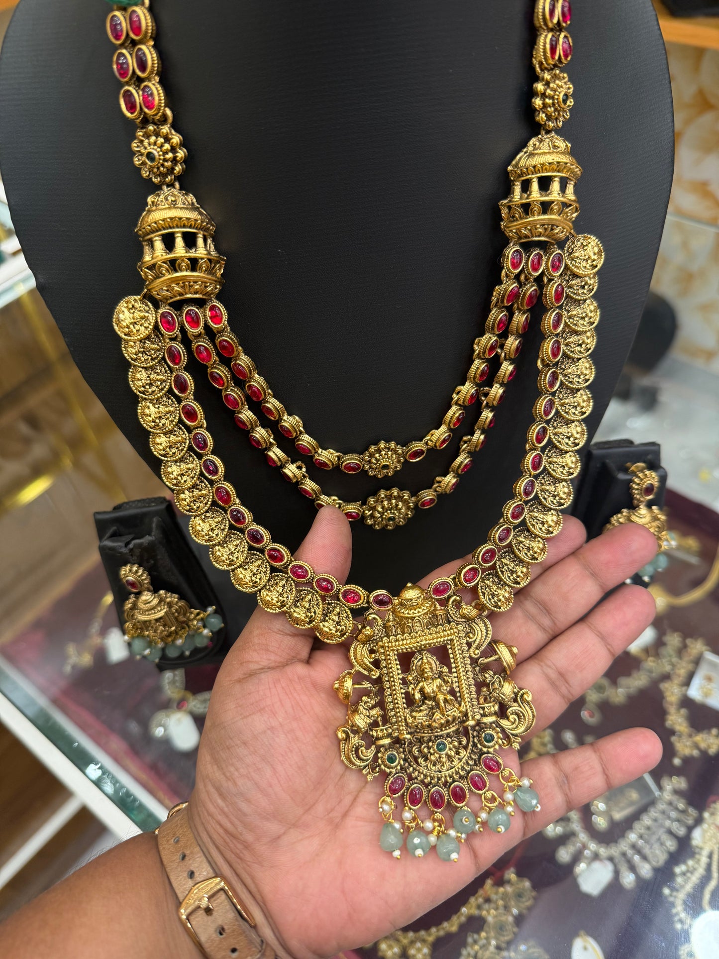 Exclusive 3 Layer antique Lakshmi Haram with pastel green beads