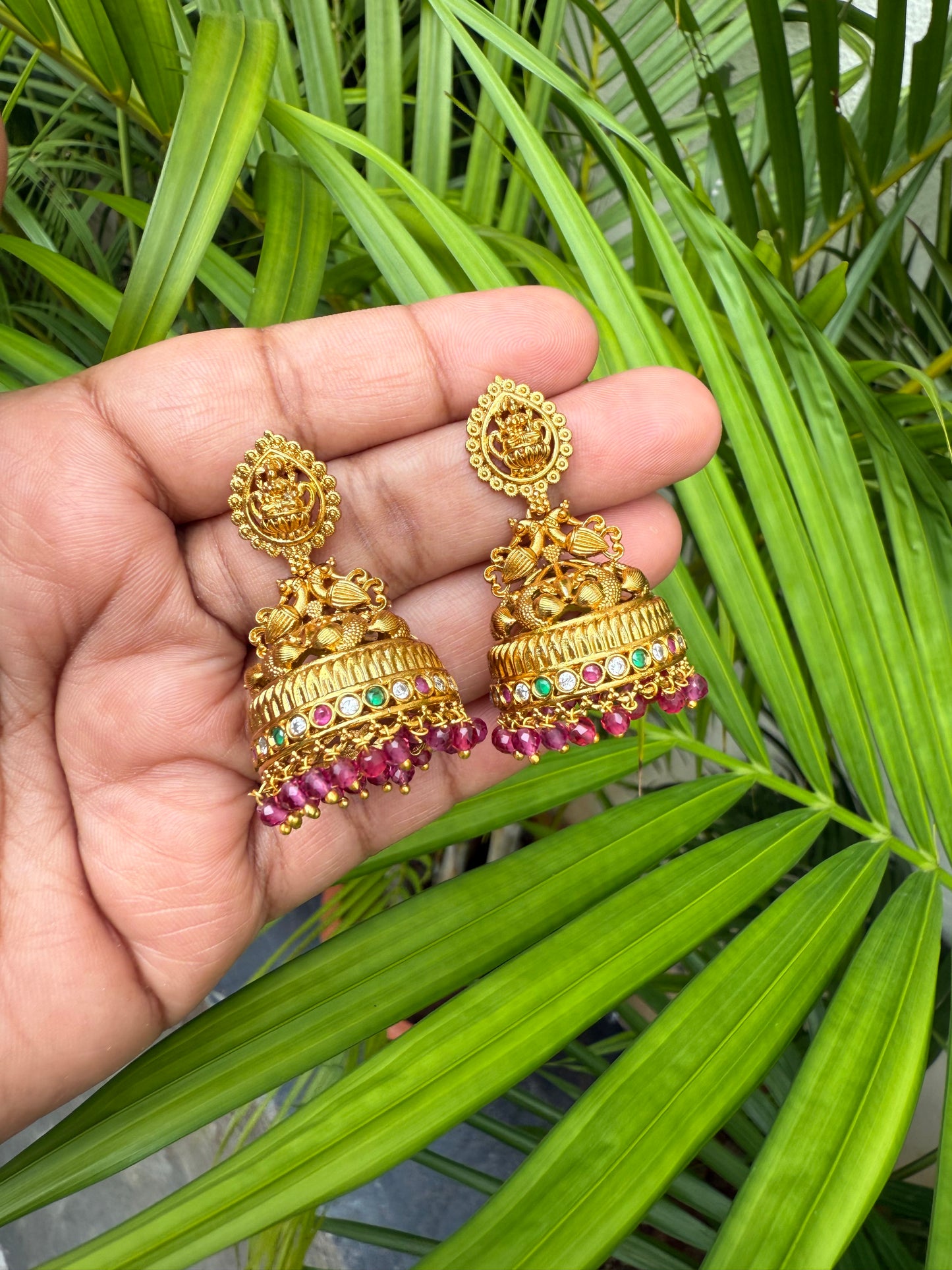 Heavy Lakshmi red beads jumka