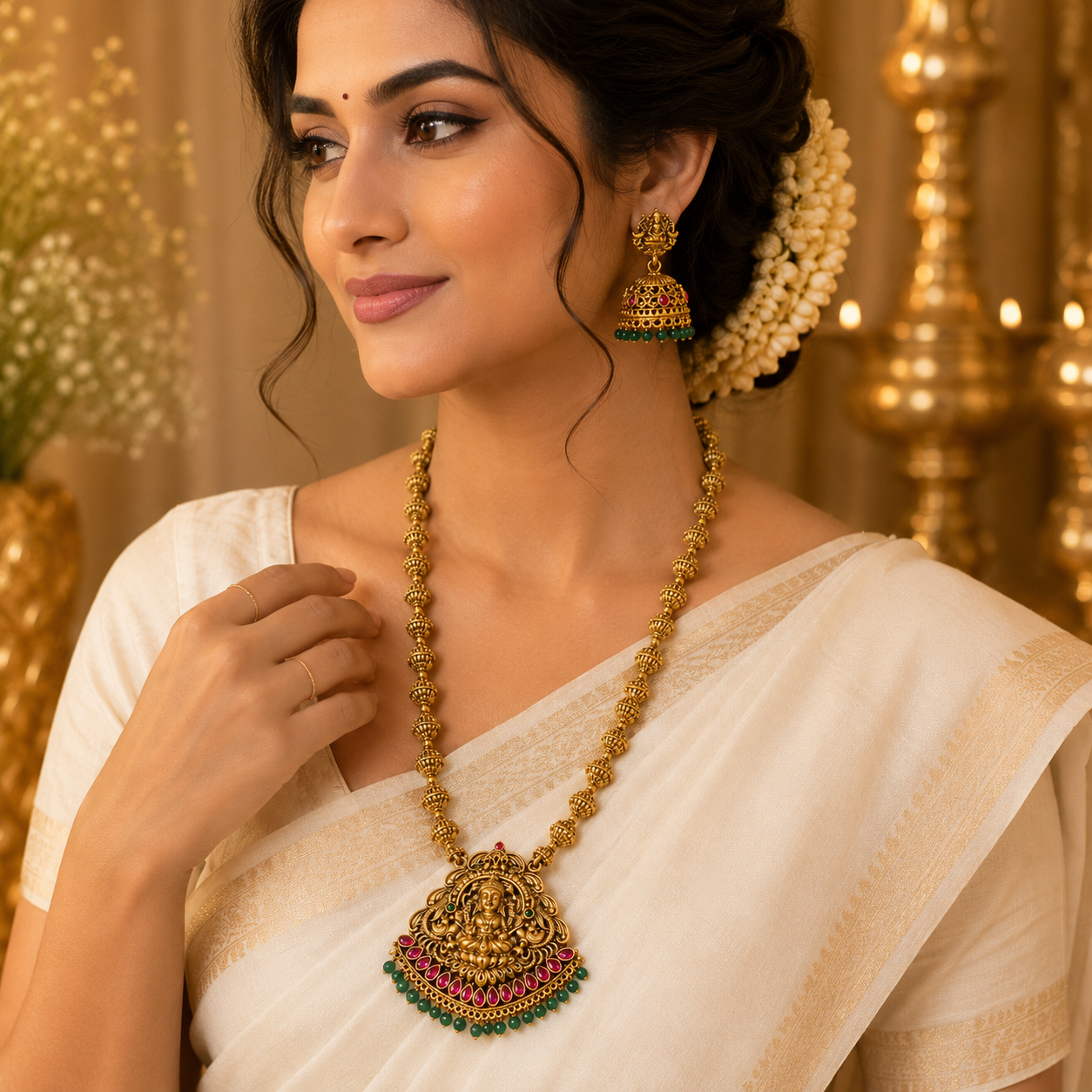 Lakshmi Aishwarya Pendant Chain with Pastel Green beads