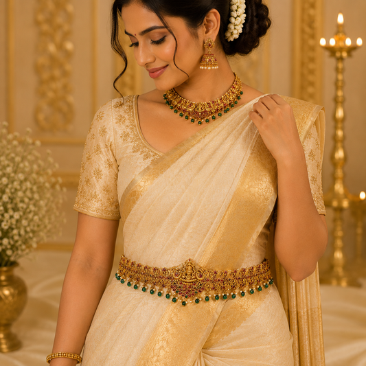 Antique Lakshmi with peacock green beads hipbelt