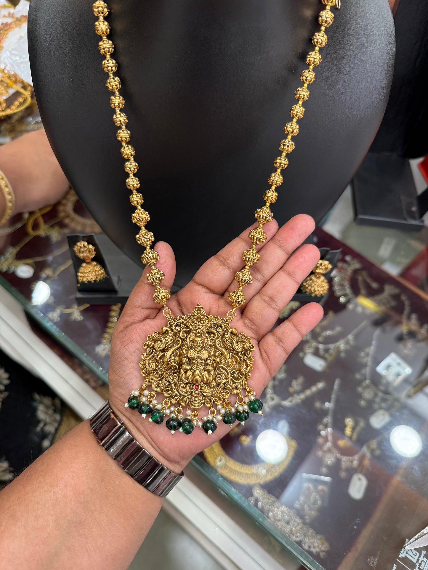 Trendy 3D Lakshmi Muthu mala with green beads