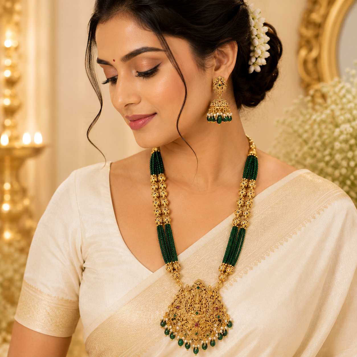Green Beads Muthu Mala with 3D Lakshmi Pendant