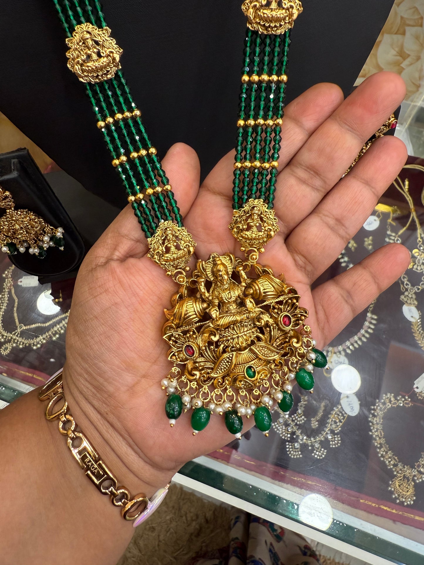 Green beads Lakshmi antique finish haram