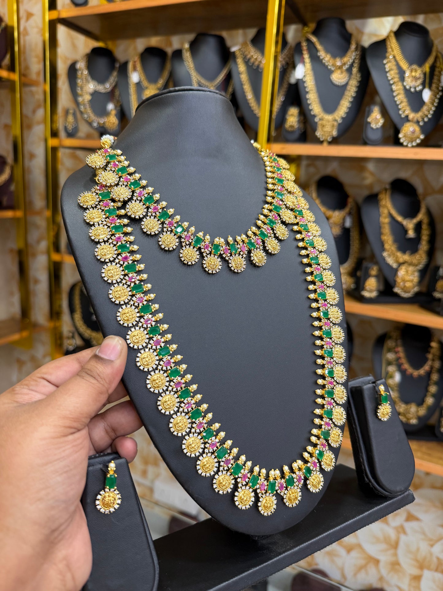 Emerald stone Lakshmi coin combo set