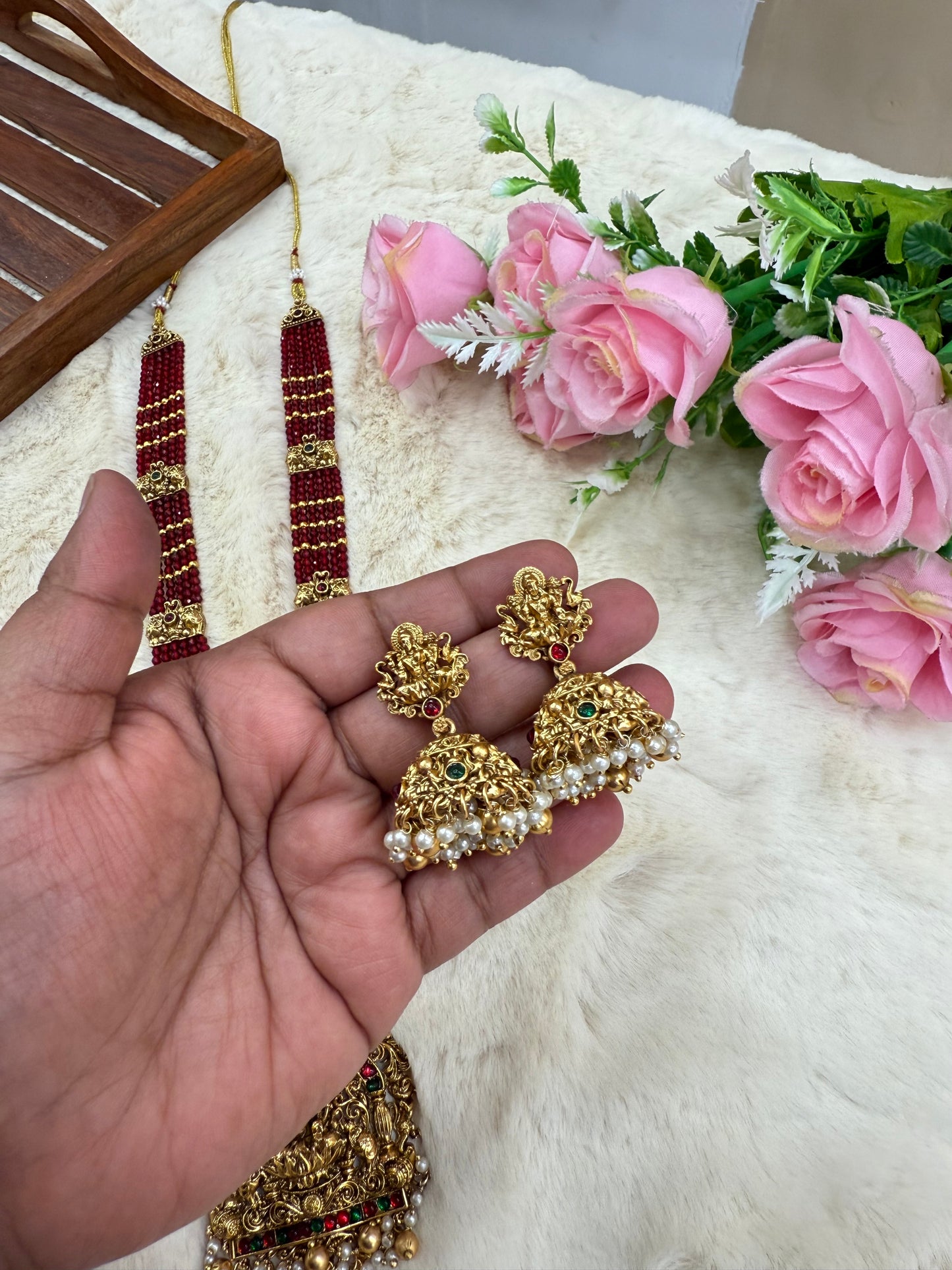 Elegant red beads Gajalakshmi haram with jumka
