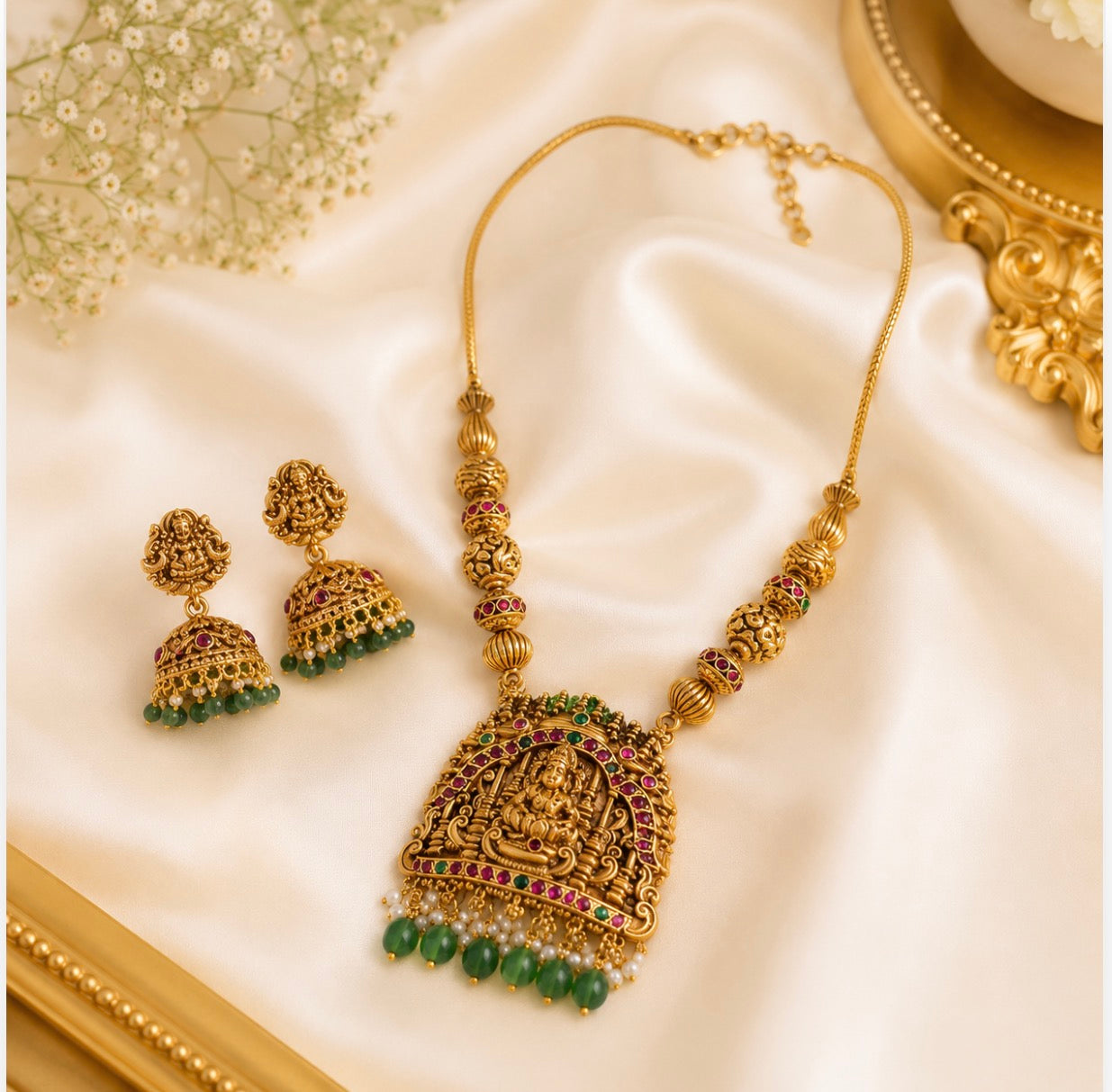 Lakshmi Pendant Ball chain with pastel green beads