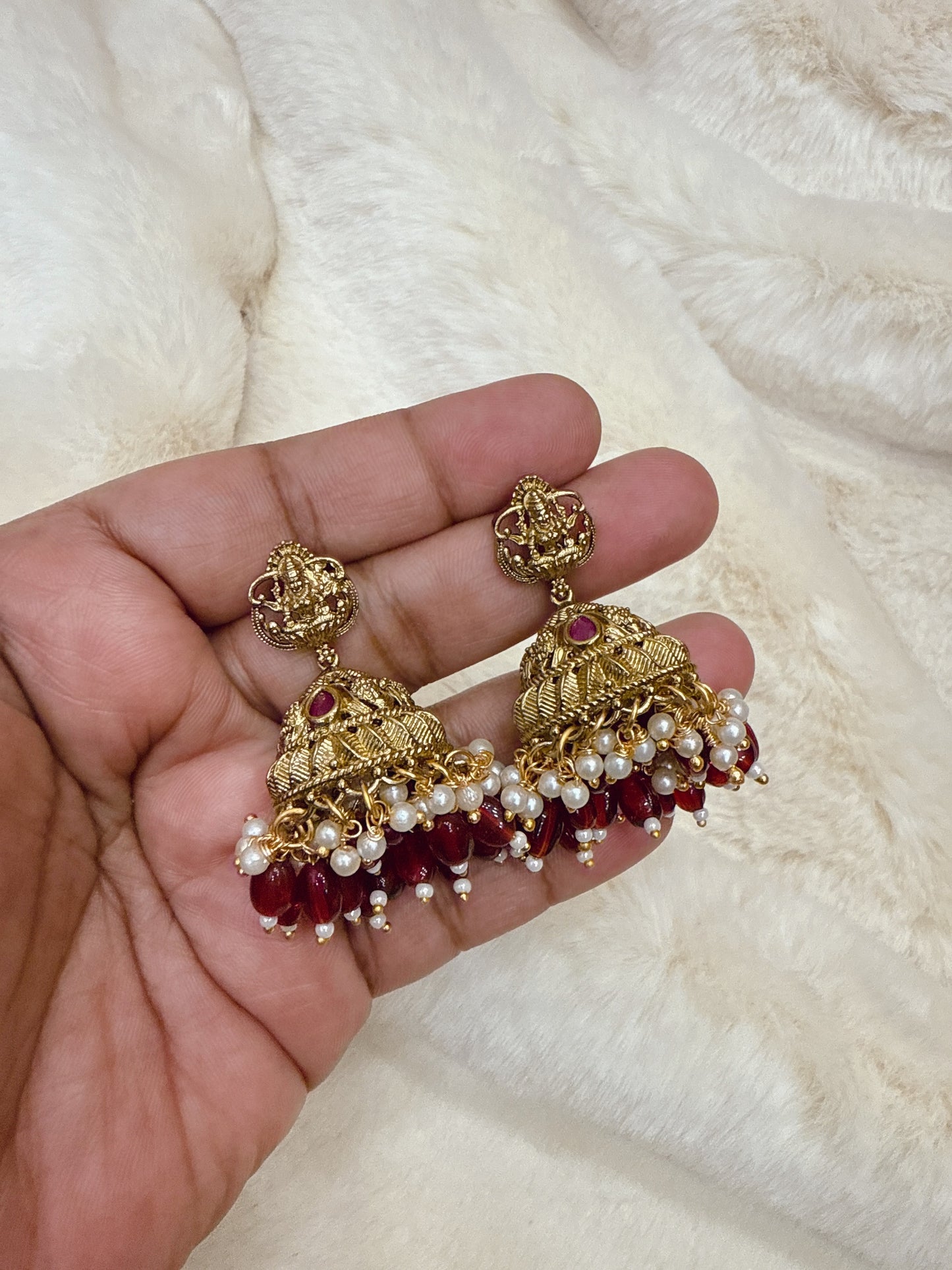 Elegant Lakshmi red beads jumka