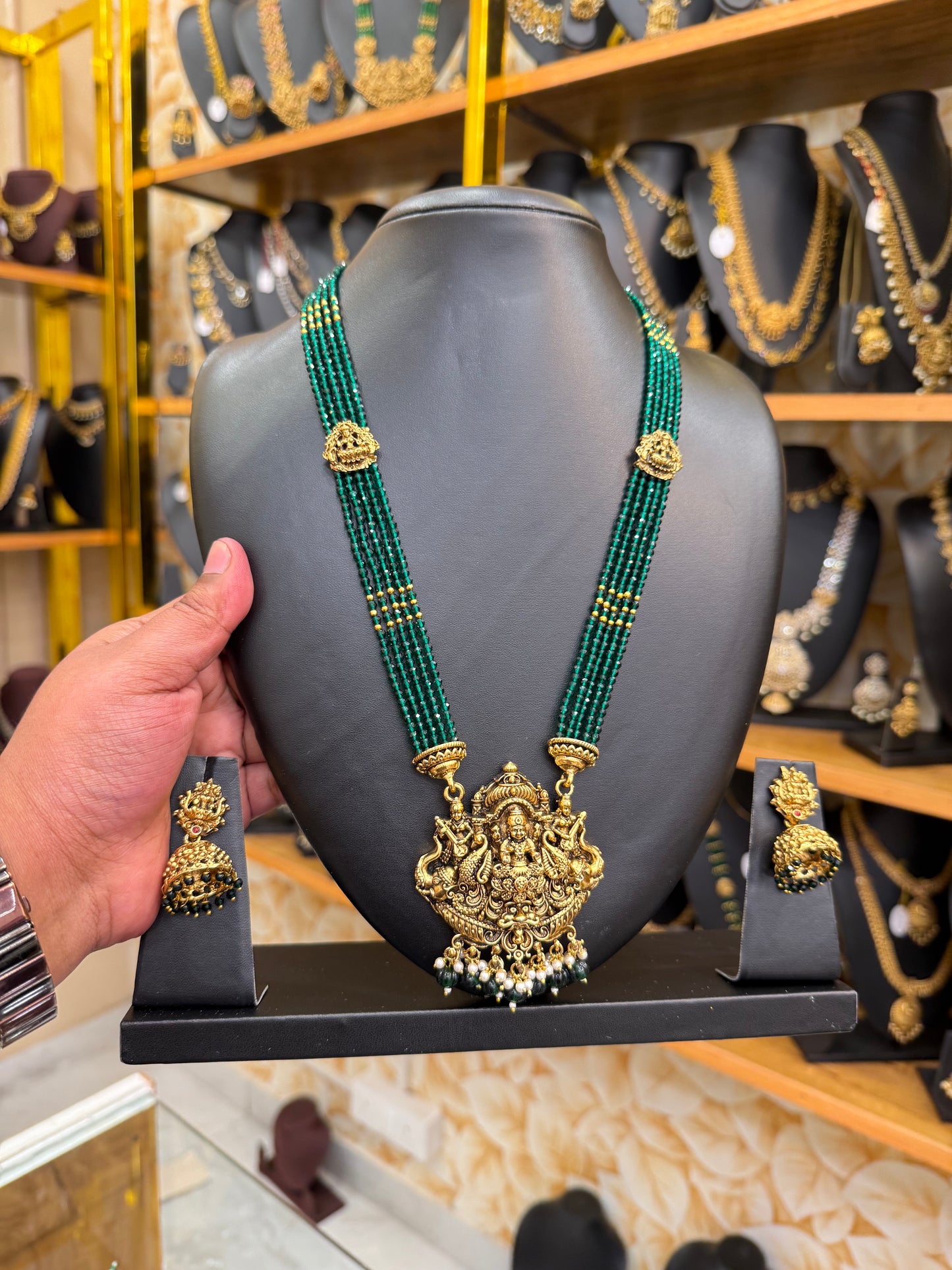 3D Lakshmi antique green beads haram with jumka