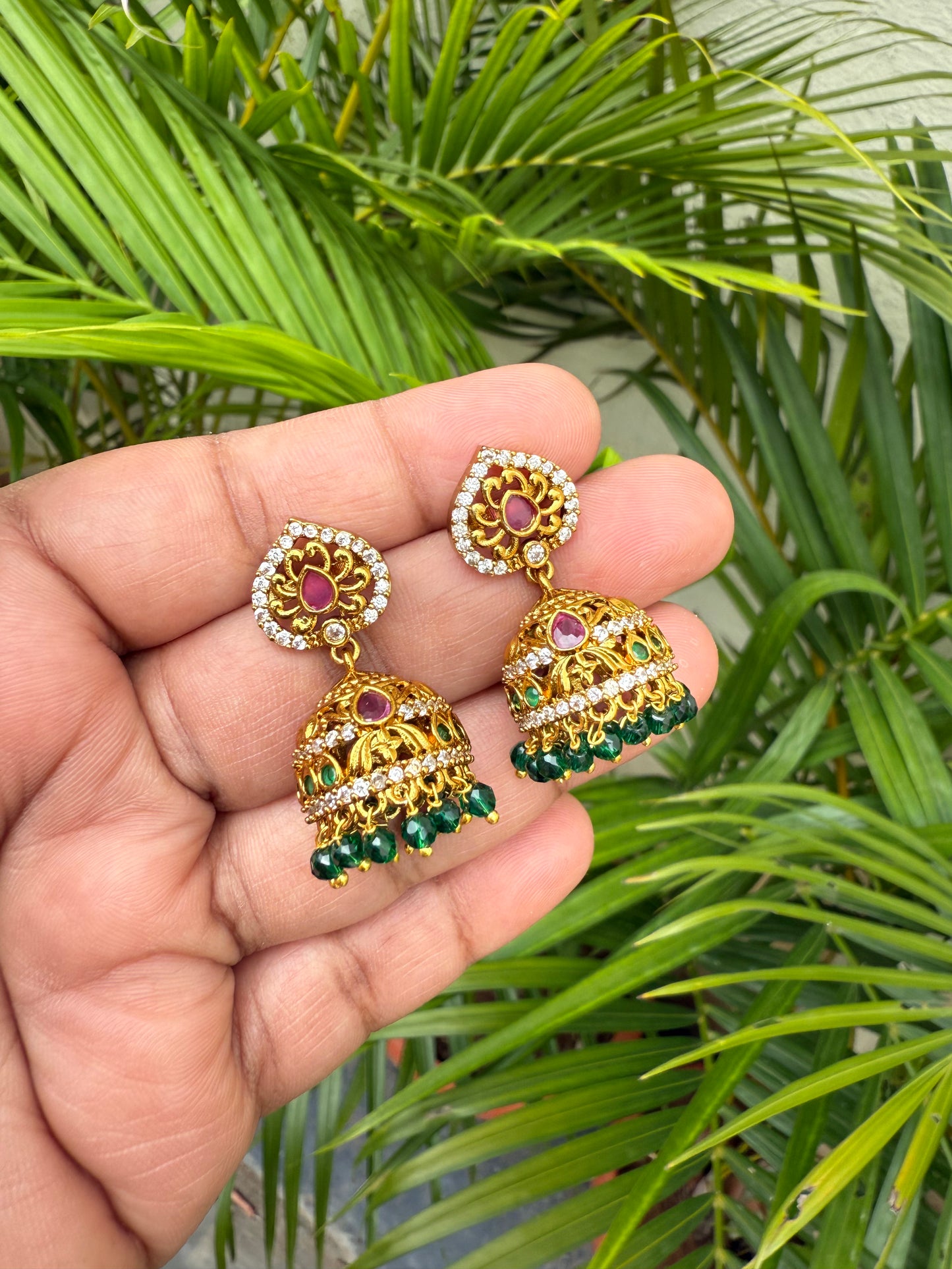 Green beads leaf style jumka