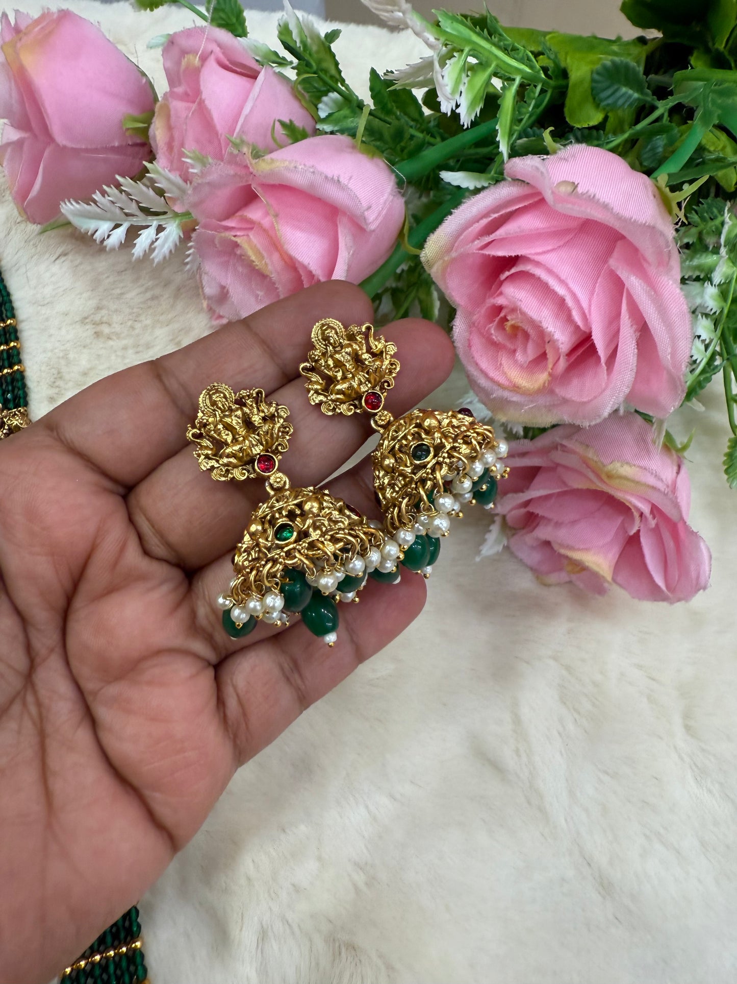 Elegant green beads Gajalakshmi haram with jumka