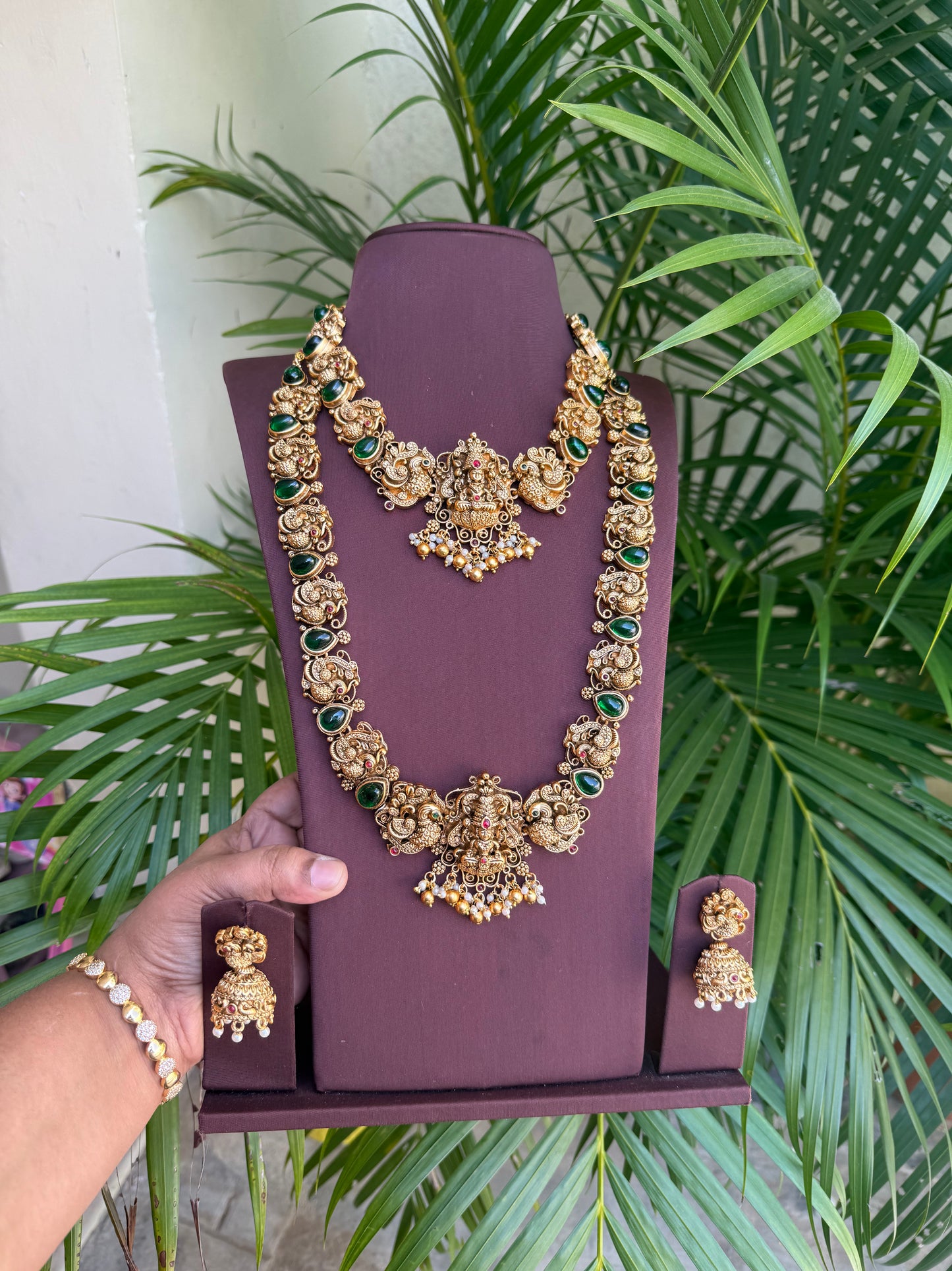 3D Lakshmi emerald stone combo set
