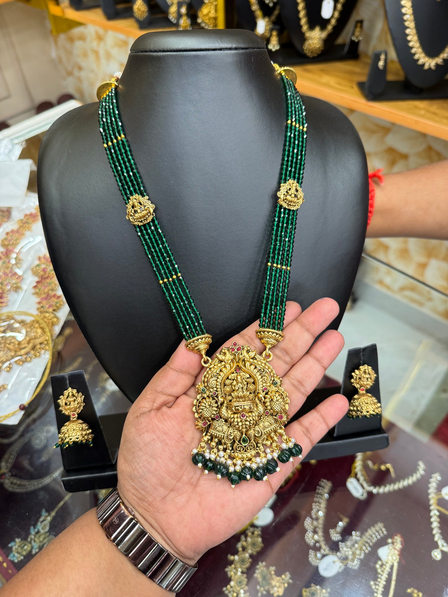 Classy Lakshmi pendant with green beads haram