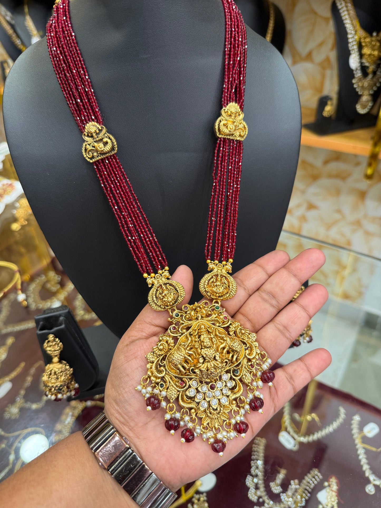 3D Gajalakshmi Red beads mala with Kundan stones