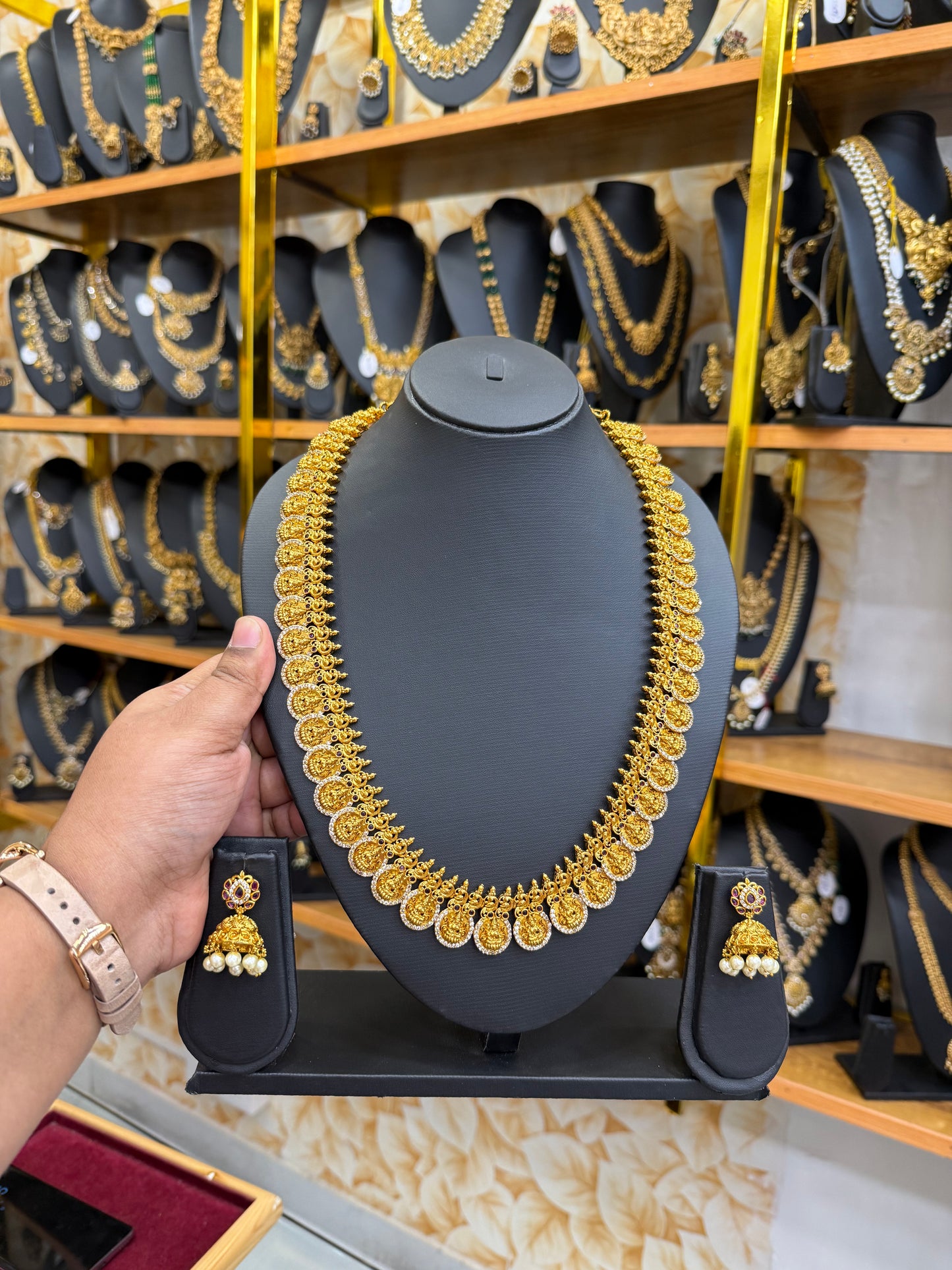 Gold finish Lakshmi stone coin haram