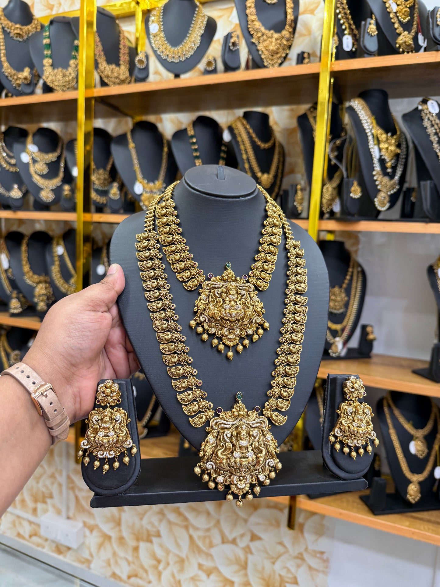 Bridal Antique manga haram with Lakshmi pendant combo set