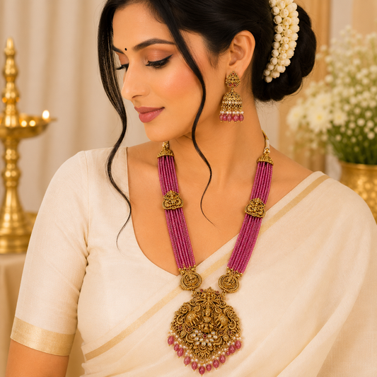 3D Gajalakshmi Onion Pink beads Mala with Kundan Stones