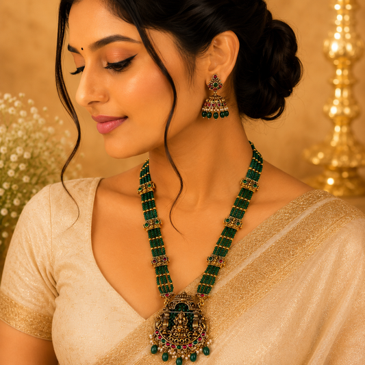 Green Beads Lakshmi & Peacock Haram