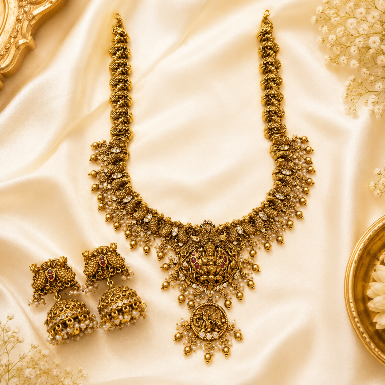 Peacock with Lakshmi 3D haram with pearls