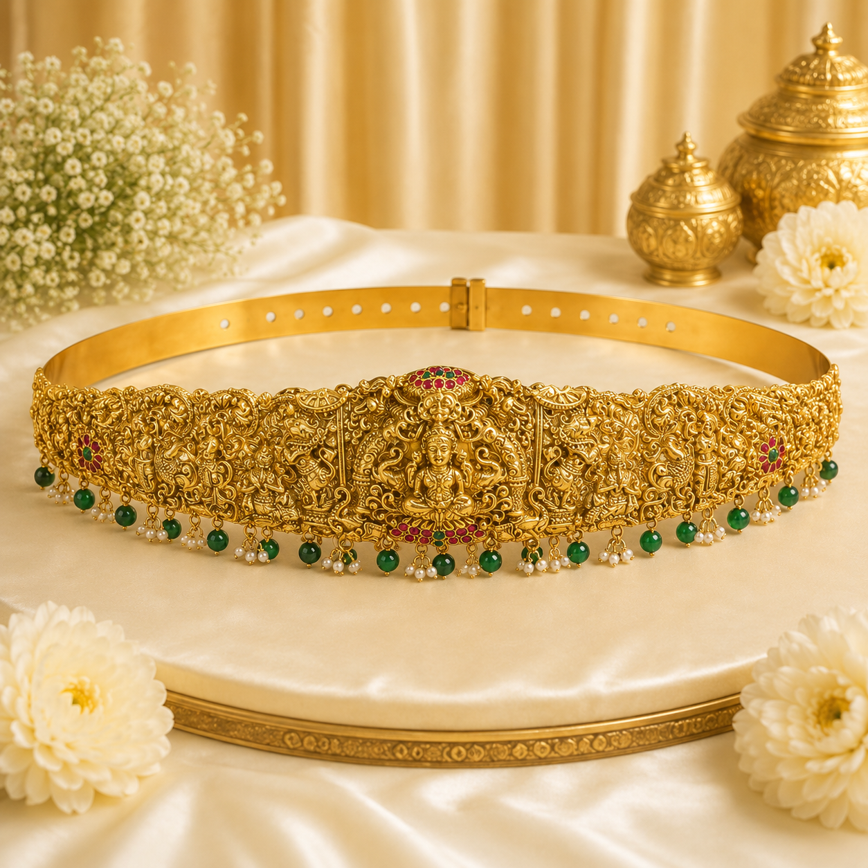 Premium 3D Gajalakshmi Green Beads Hipbelt