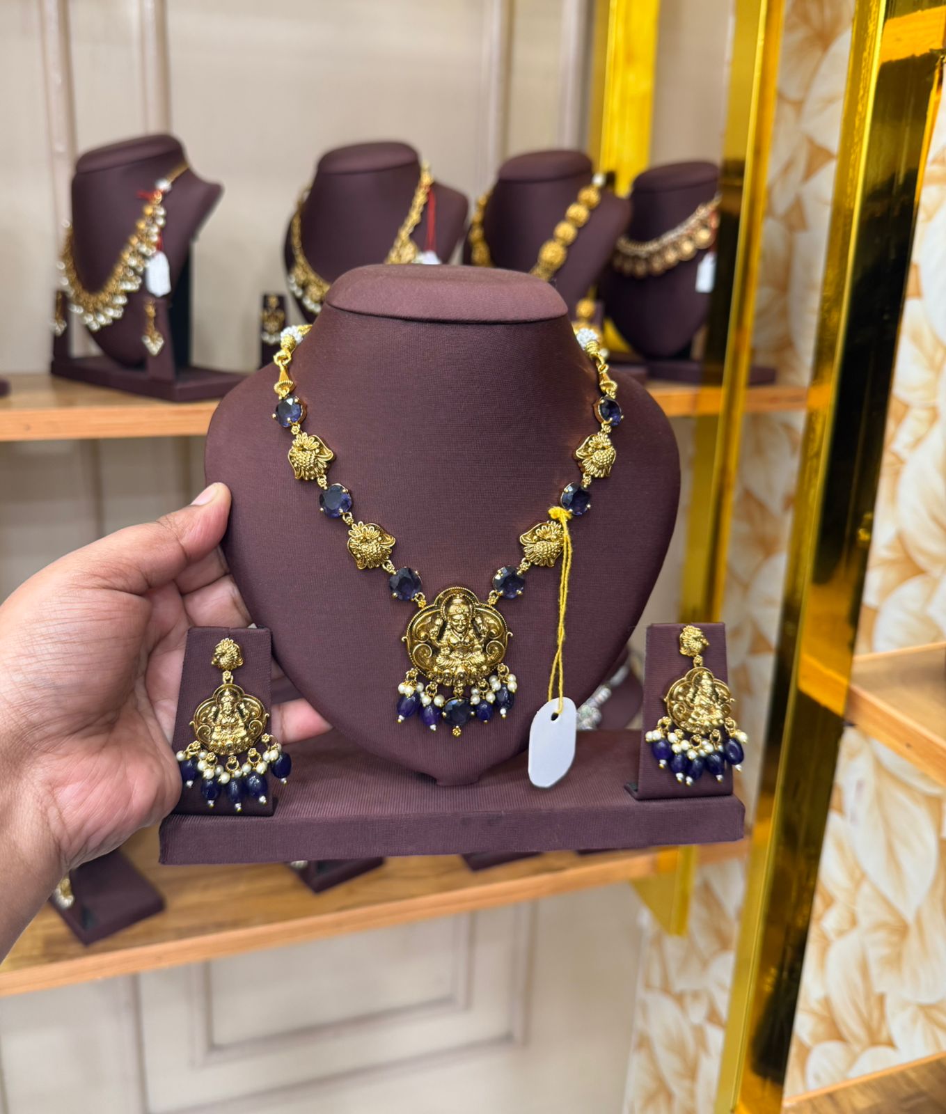 Antique Temple Necklace with Blue Beads & Matching Earrings