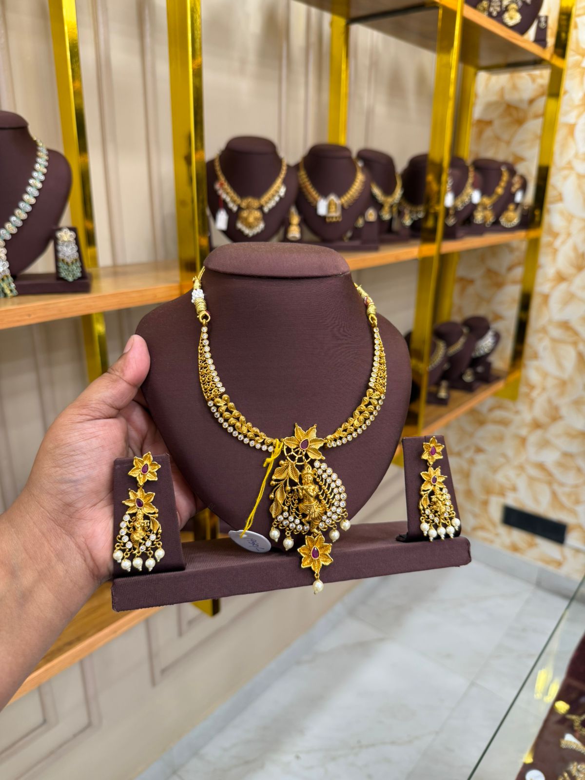 Traditional Goddess Lakshmi Temple Necklace with Ruby & Pearl Drops