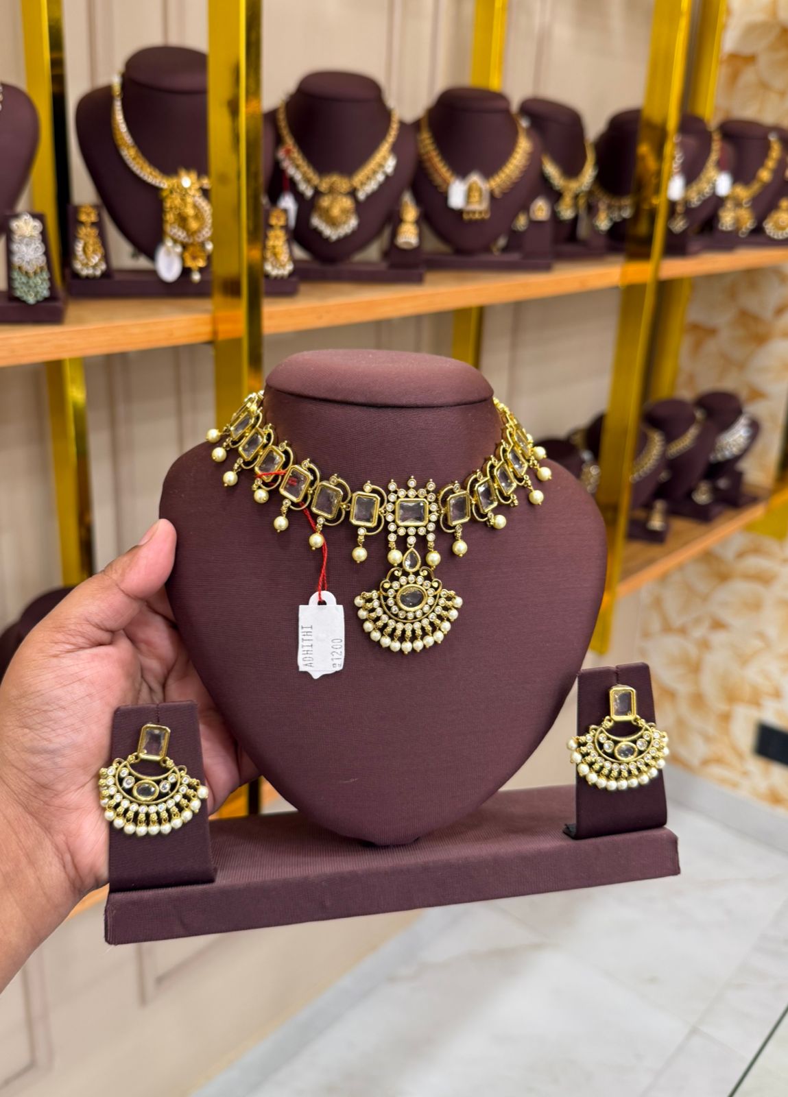 Traditional Goddess Lakshmi Temple Necklace with Ruby & Pearl Drops