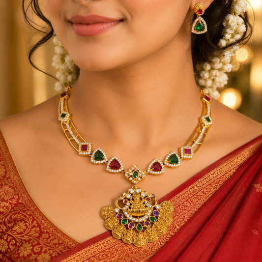 Lakshmi Ratna Necklace Set with Premium CZ Stones