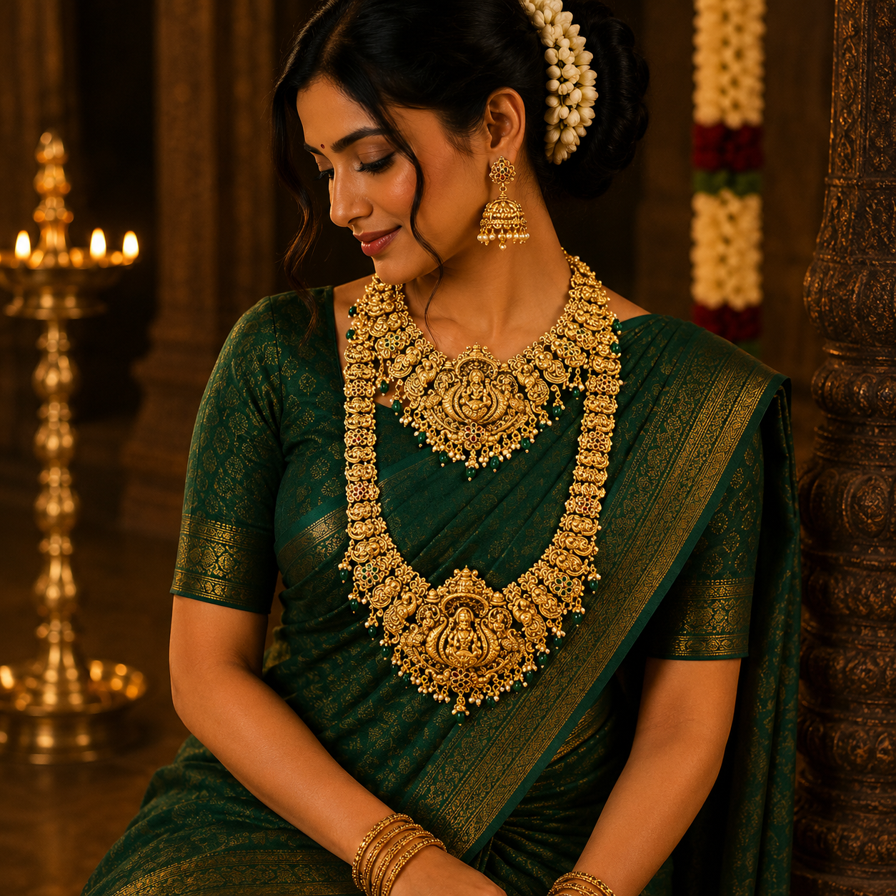 3D Peacock & Lakshmi bridal combo set with green beads
