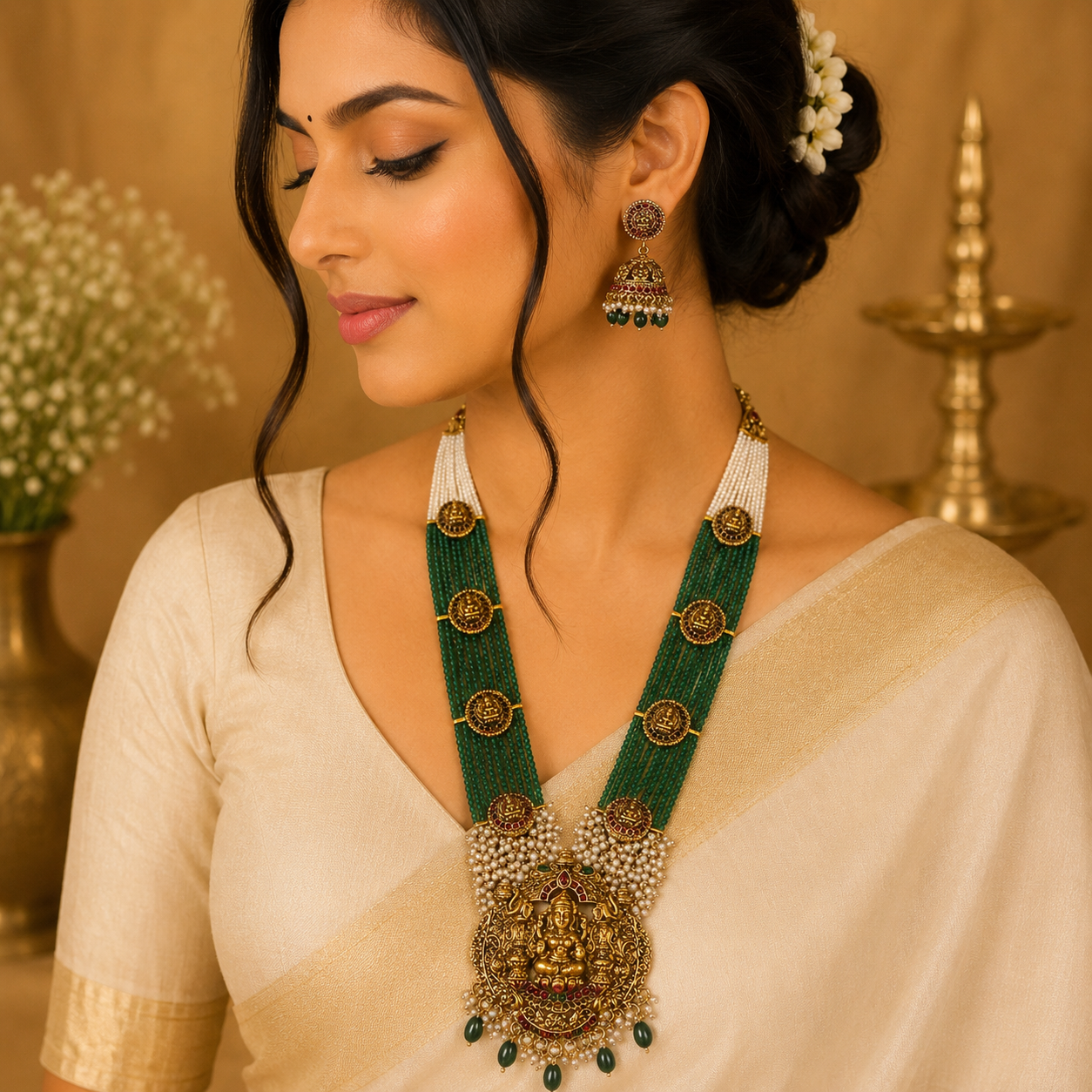 Green & White Beads Gajalakshmi Haram