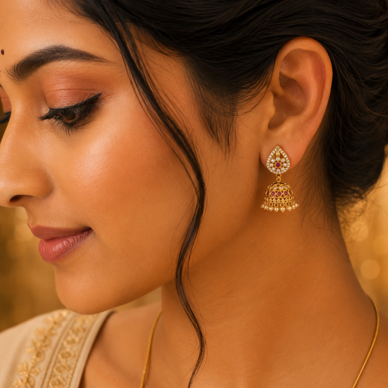 Thilagam Ruby Stone Jumka
