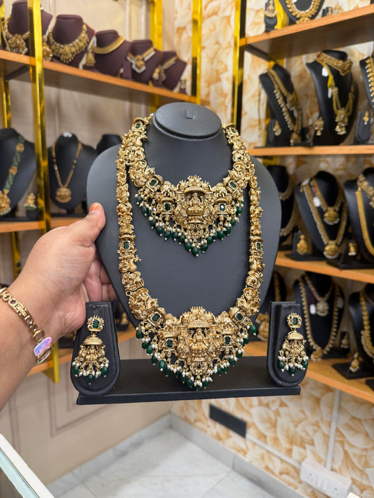 3D Lakshmi emerald stone bridal combo set with green beads