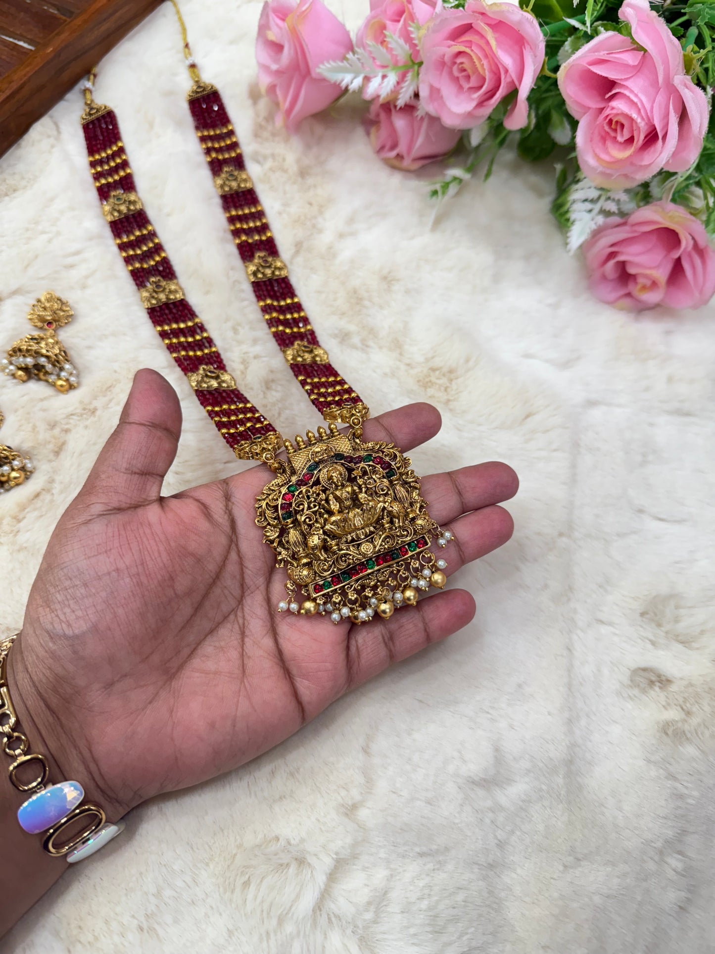 Elegant red beads Gajalakshmi haram with jumka
