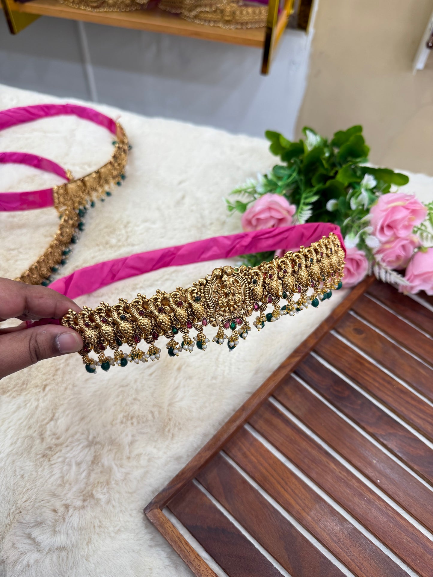 Lakshmi with peacock green beads hipbelt