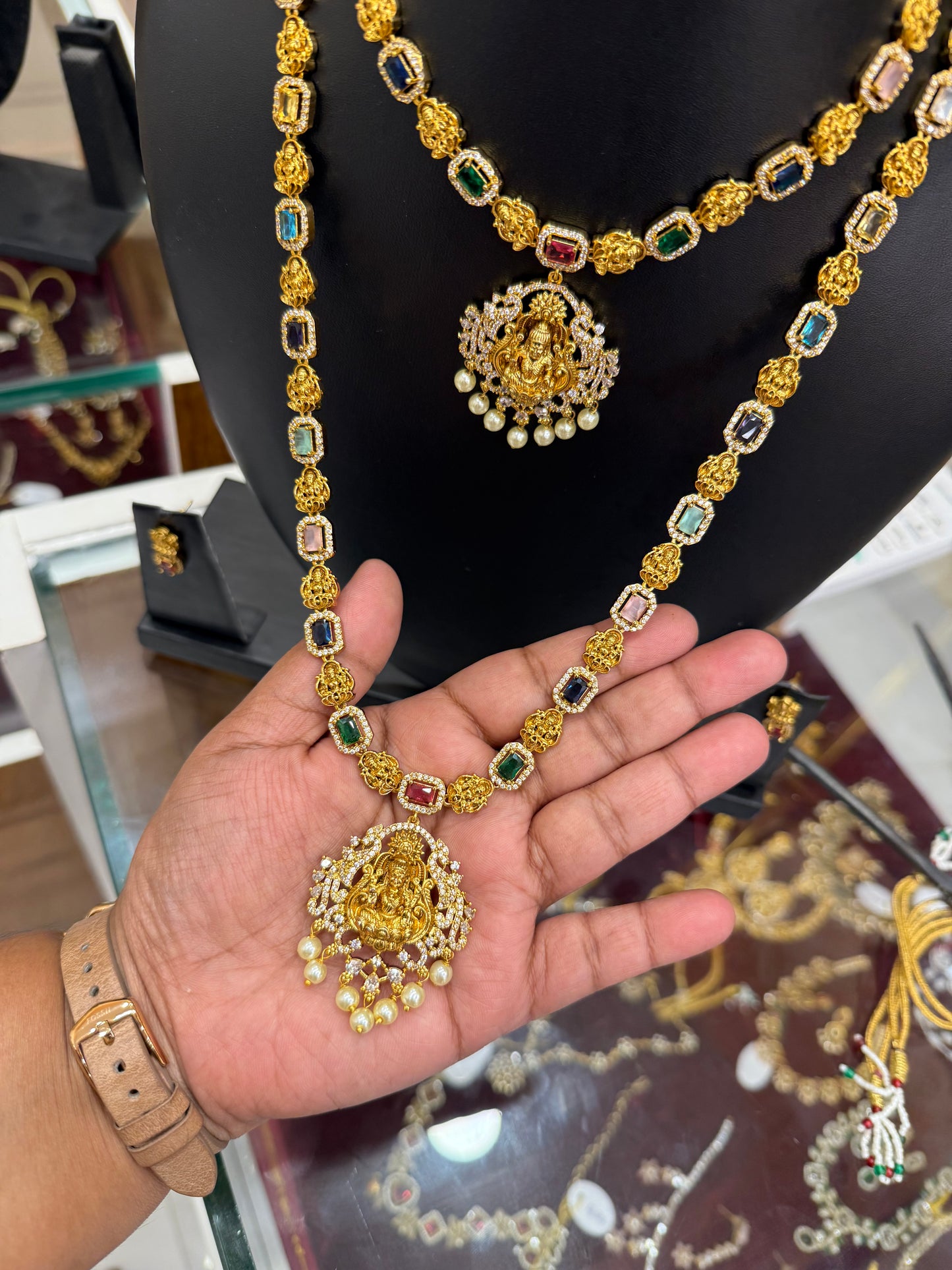 Multicolour Crystal stone combo set with Lakshmi pendant