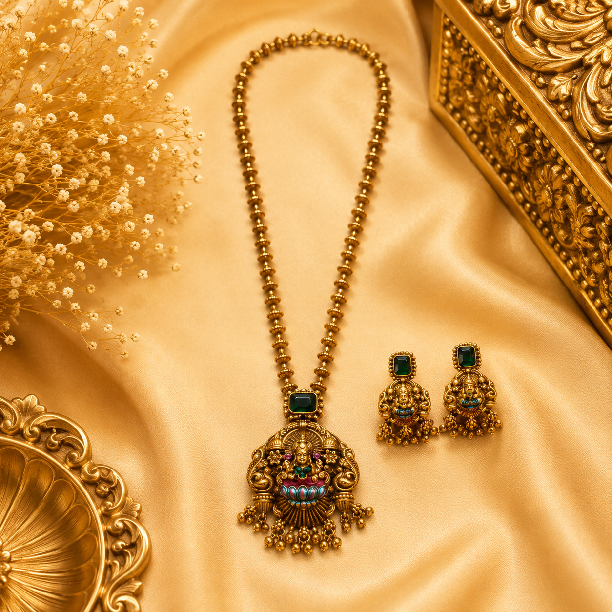 Lotus Enamel Lakshmi Pendant Chain