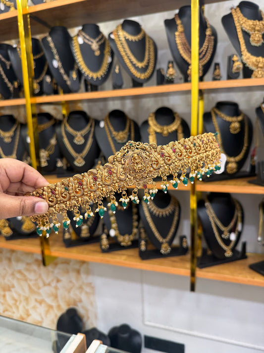 Antique Lakshmi with peacock green beads hipbelt