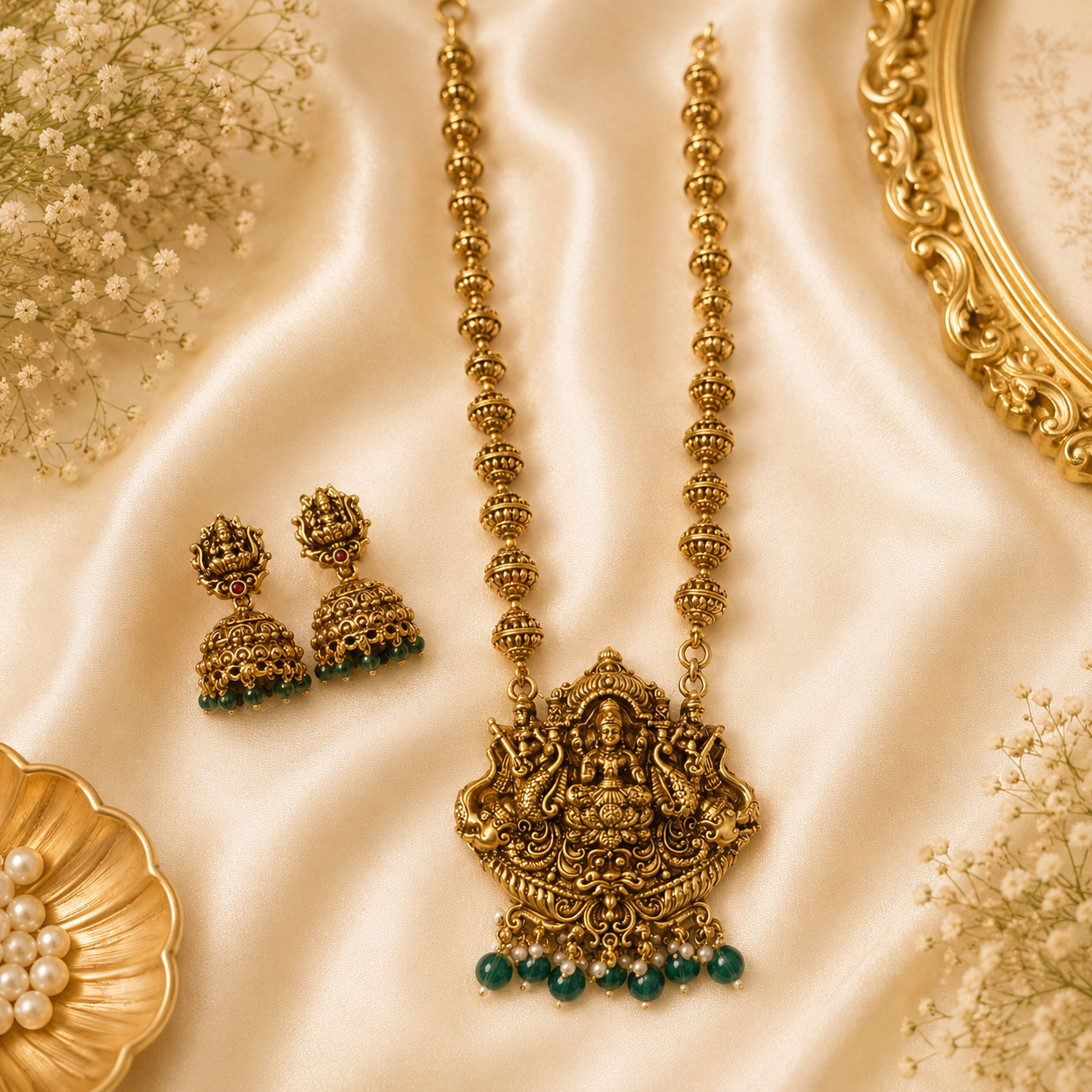 3D Lakshmi golden Muthu Mala with green beads