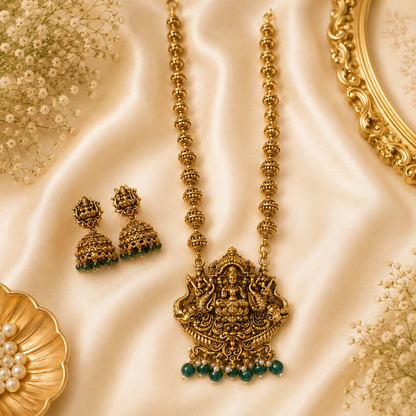 3D Lakshmi golden Muthu Mala with green beads