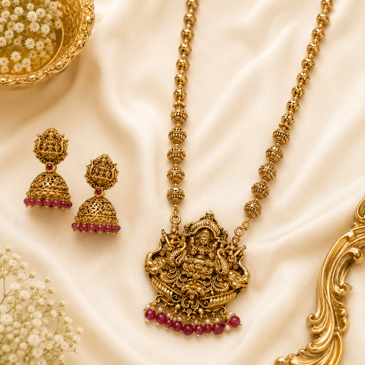 3D Lakshmi golden Muthu Mala with red beads