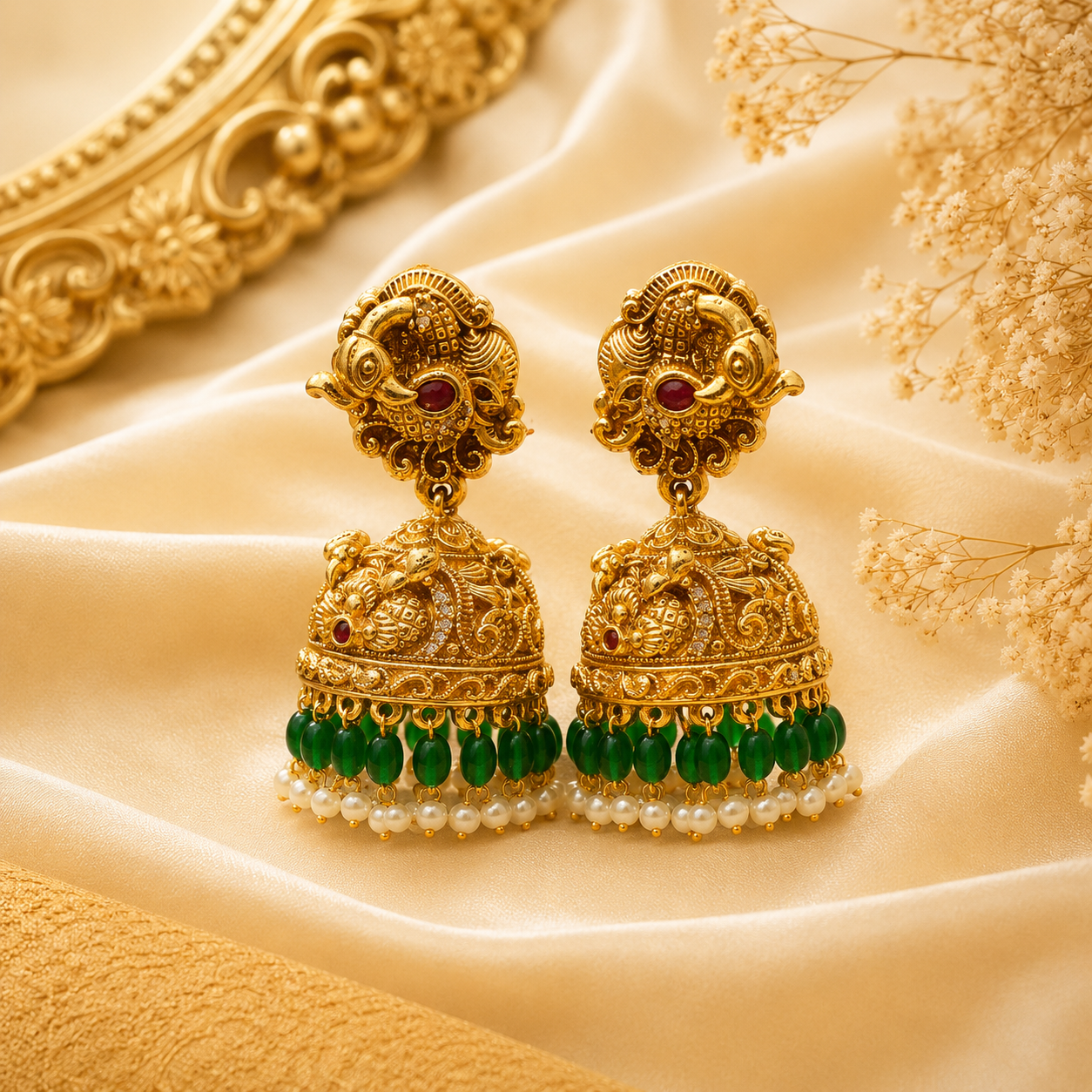 3D Peacock Green Beads Jumka