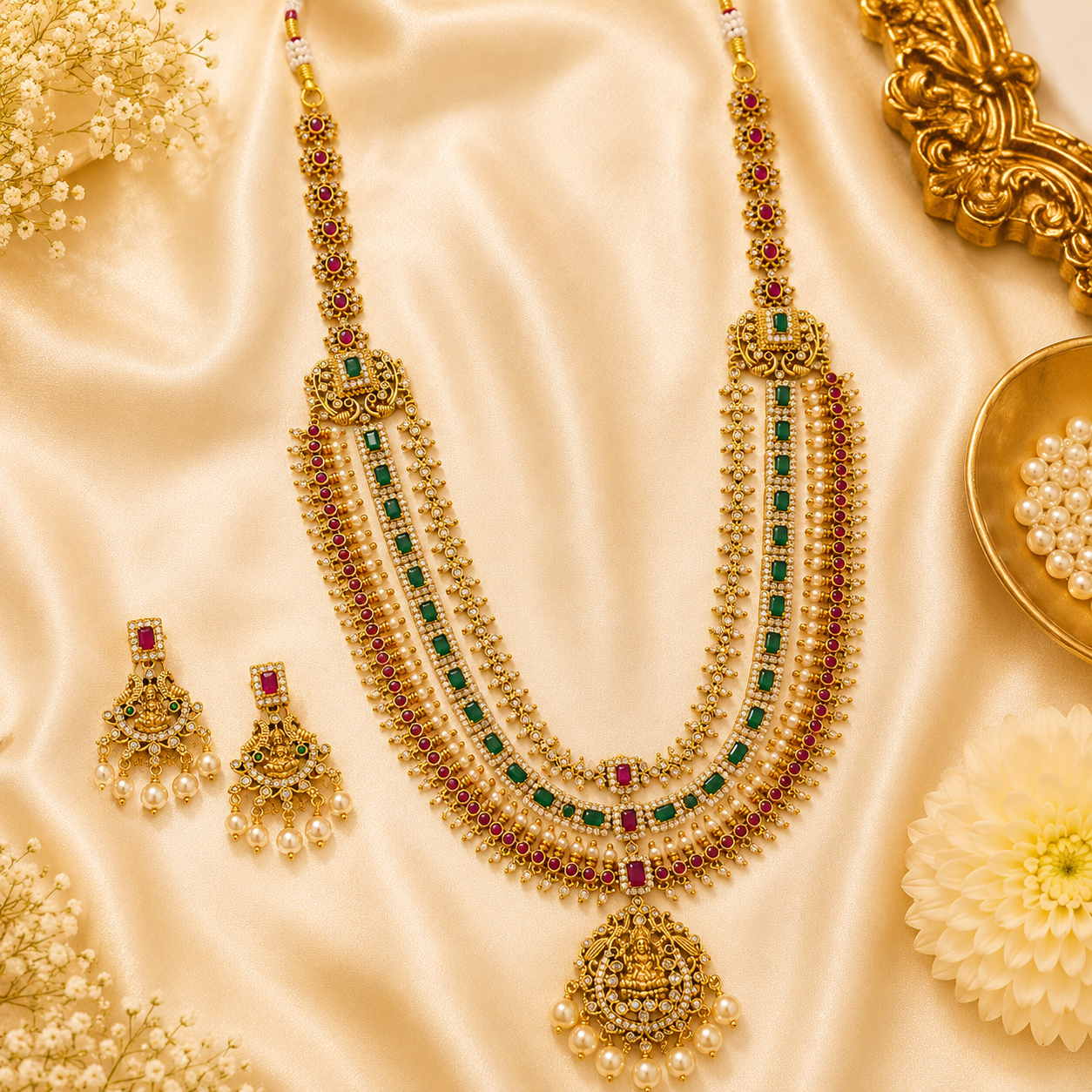 3 layer stone haram with Lakshmi pendant