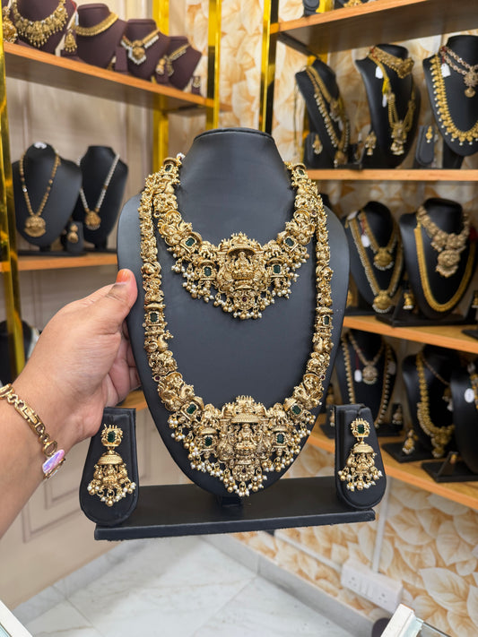 3D lakshmi Emerald stone bridal combo set