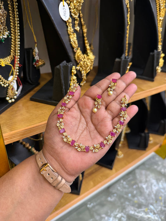 Pink stone leaf necklace