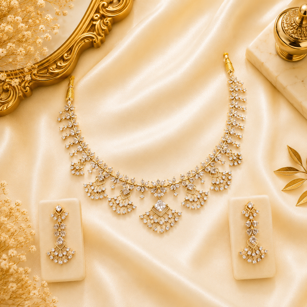 Luxurious Gold And Diamond Flower Jewelry Set